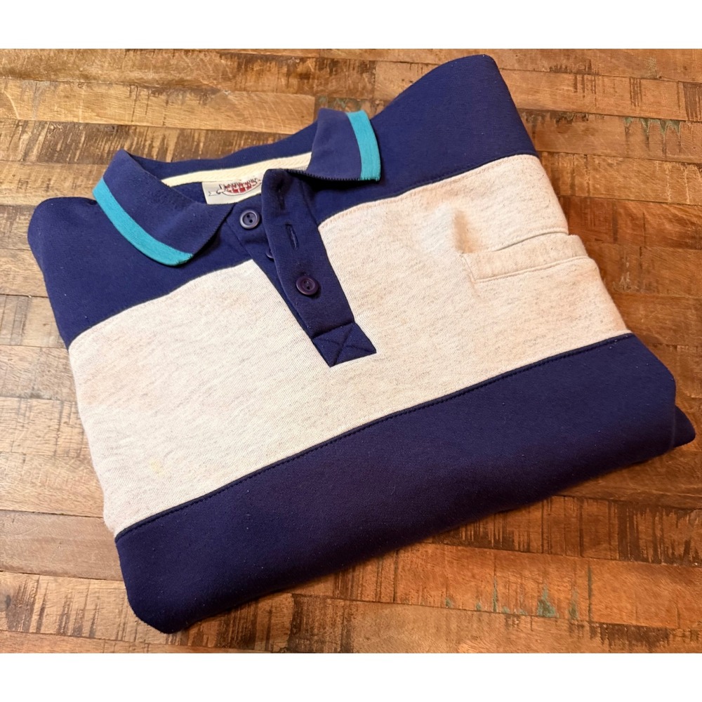 Claybrooke Sport Mens Vintage Striped Polo Sweatshirt Navy Blue Grey XL RN 13711